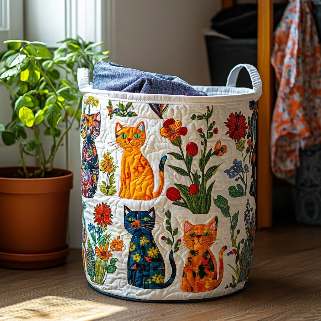 Cesta de Ropa Pintada de Gato en el Jardín